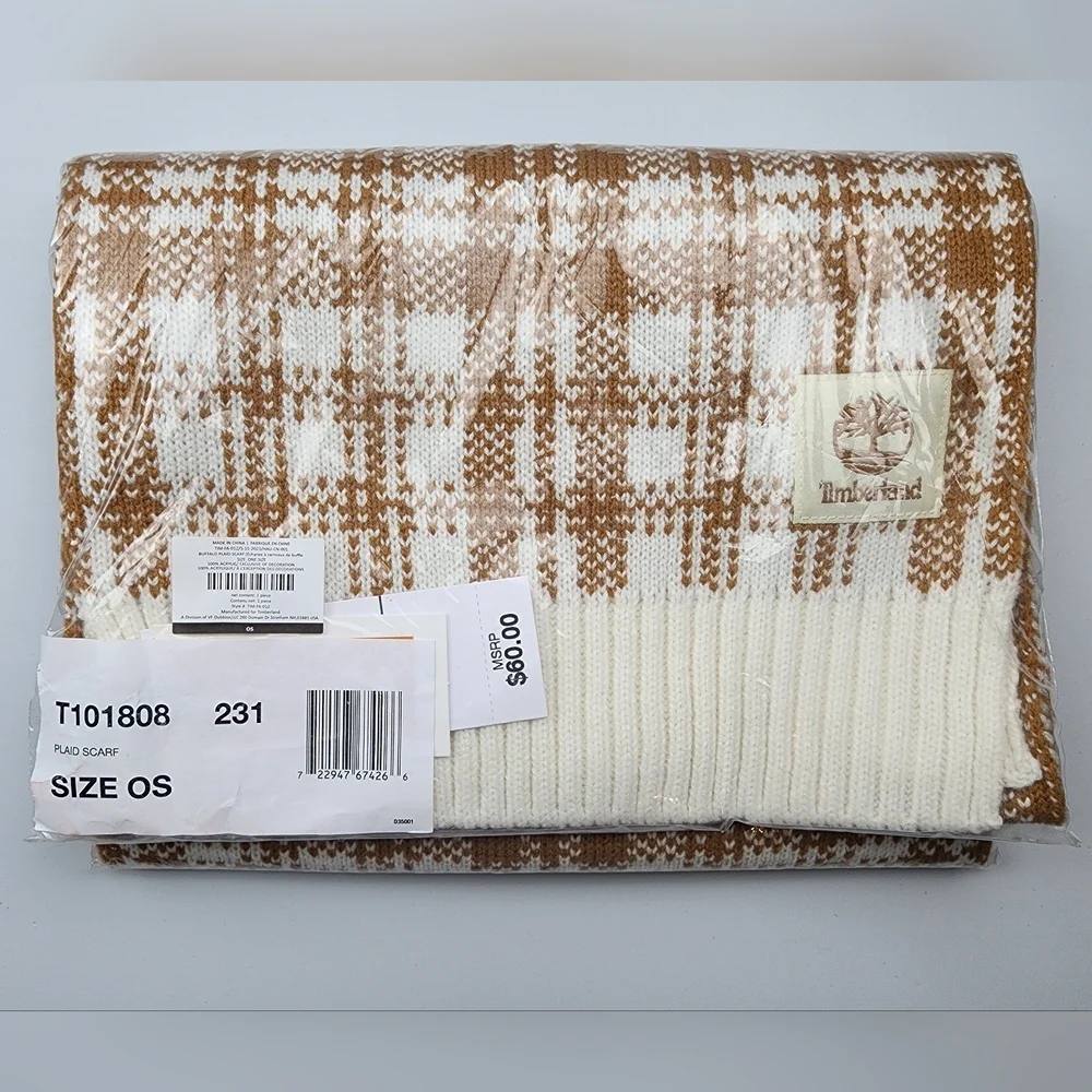 New Timberland Buffalo Plaid Knit Scarf Tan White Warm Winter Cozy Preppy